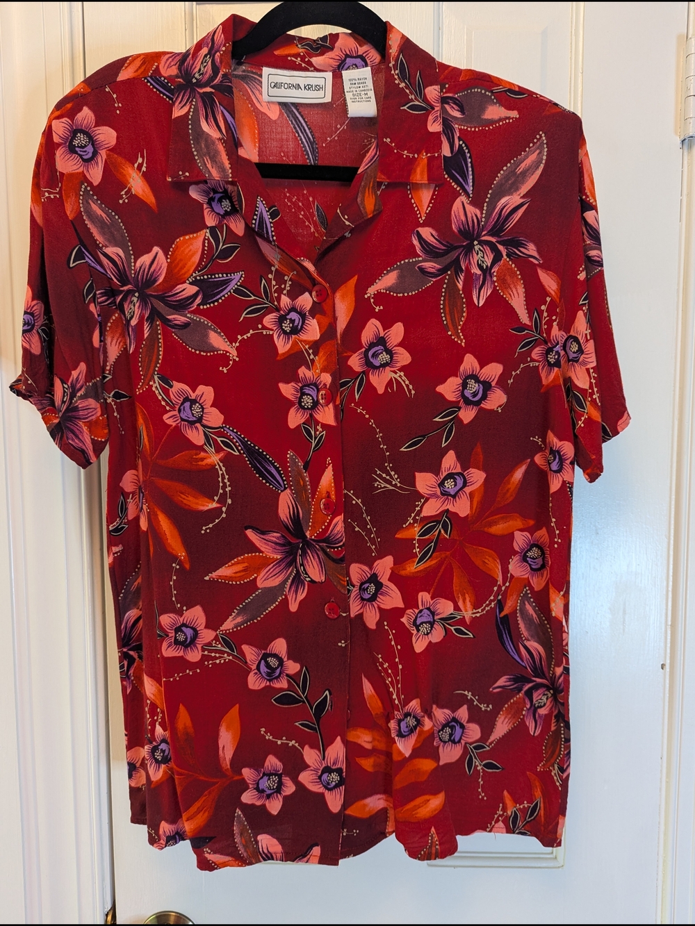 California Krush Red Tropical Floral Print Button-Up Shirt